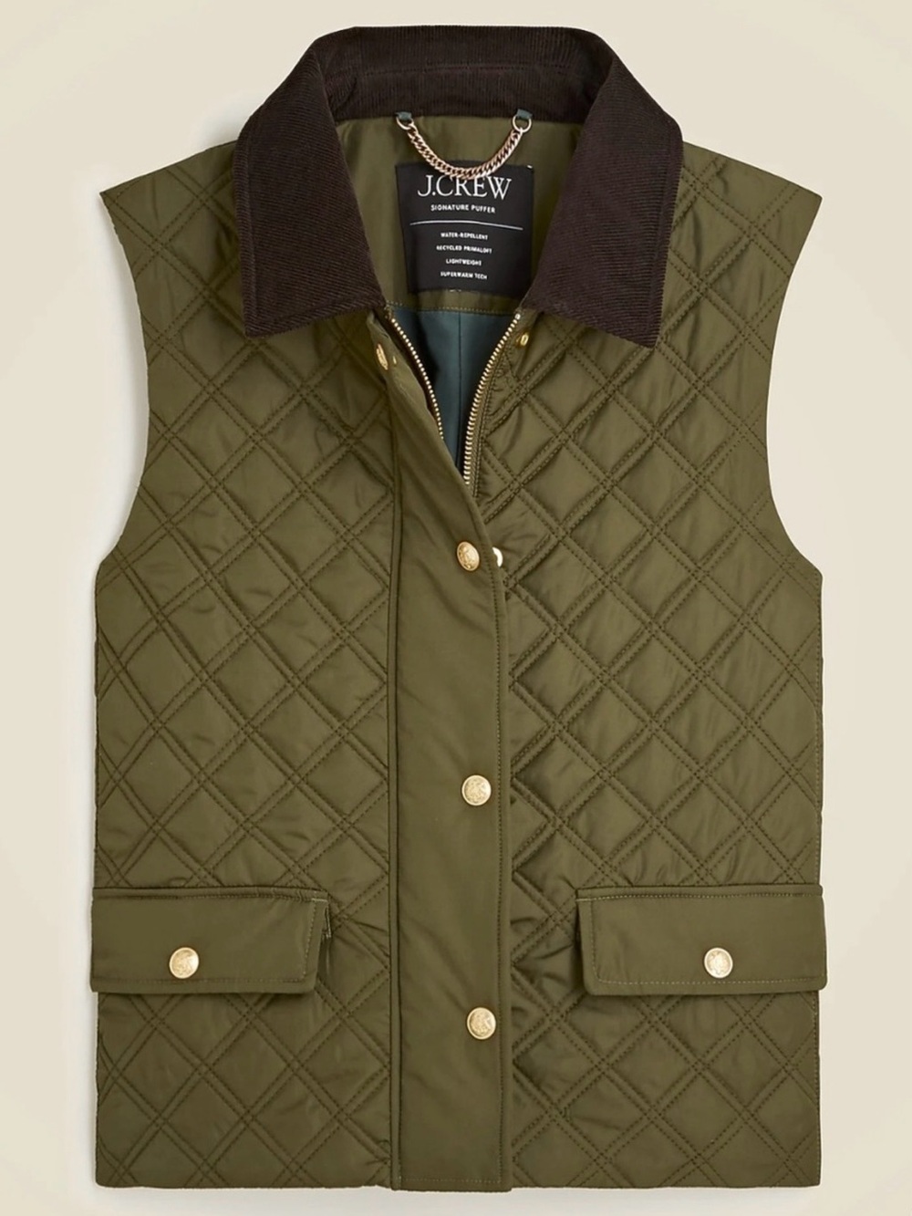 J.Crew Women's Quilted Olive Vest with Corduroy Collar Size M